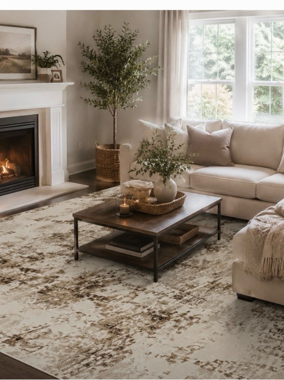 Neutral Abstract Area Rug - Beige and Brown -